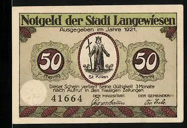 Notgeld Langewiesen 1921, 50 Pfennig, St. Kilian, Rathaus