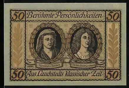 Notgeld Lauchstedt 1921, 50 Pfennig, Karolina v. Beulwitz, Charlotte Schiller, Stadtplatz