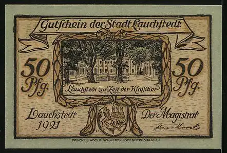 Notgeld Lauchstedt 1921, 50 Pfennig, Karolina v. Beulwitz, Charlotte Schiller, Stadtplatz