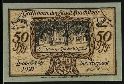 Notgeld Lauchstedt 1921, 50 Pfennig, Stadtplatz in der Klassik, Gellert und Gleim