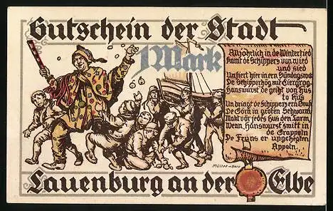 Notgeld Lauenburg a. d. Elbe, 1 Mark, Narr am Hof des Herzogs Julius