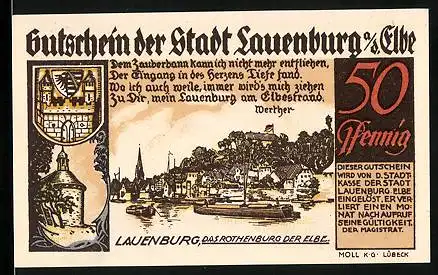 Notgeld Lauenburg a. d. Elbe, 50 Pfennig, Schiff vor dem Ort, FEste Löwenborch