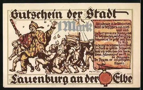 Notgeld Lauenburg a. d. Elbe, 1 Mark, Narr im Kostüm am Hof des Herzogs
