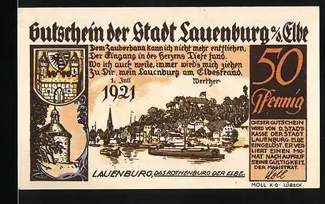 Notgeld Lauenburg a. d. Elbe 1921, 50 Pfennig, Schiffe vor dem Ort, Feste Löwenborch