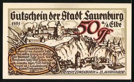 Notgeld Lauenburg a. d. Elbe 1921, 50 Pfennig, Schiffe vor dem Ort, Feste Löwenborch