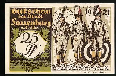 Notgeld Lauenburg a. d. Elbe 1921, 25 Pfennig, Drei Schützen mit Zielscheiben, Altes Kaufmannshaus