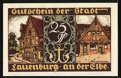 Notgeld Lauenburg a. d. Elbe 1921, 25 Pfennig, Drei Schützen mit Zielscheiben, Altes Kaufmannshaus