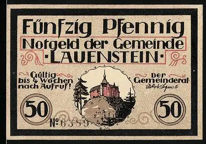 Notgeld Lauenstein, 50 Pfennig, Kirche, Ritter und Bauer