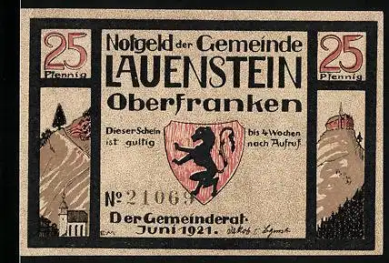 Notgeld Lauenstein 1921, 25 Pfennig, Wappen, Kirche auf dem Felsen