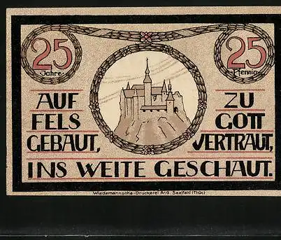 Notgeld Lauenstein 1921, 25 Pfennig, Wappen, Kirche auf dem Felsen