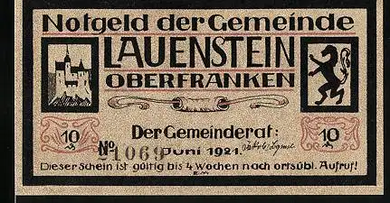 Notgeld Lauenstein 1921, 10 Pfennig, Felsen, Statue eines Geistlichen