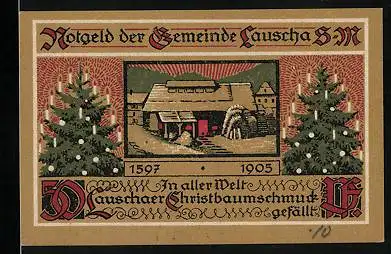 Notgeld Lauscha S-M 1921, 50 Pfennig, Haus im Schnee, Christbaum