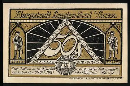 Notgeld Lautenthal i. Harz 1921, 50 Pfennig, Bergarbeiter mit Lampen, Bismarckpromenade