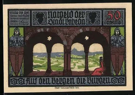 Notgeld Lobeda 1921, 50 Pfennig, Aussicht von einer Burg auf dem Berg