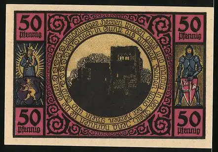 Notgeld Lobeda 1921, 50 Pfennig, Aussicht von einer Burg auf dem Berg