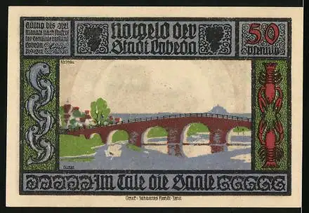 Notgeld Lobeda 1921, 50 Pfennig, Eine Brücke über der Saale