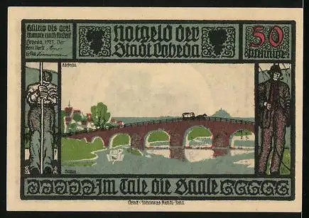 Notgeld Lobeda 1921, 50 Pfennig, Die Saale mit einer Brücke