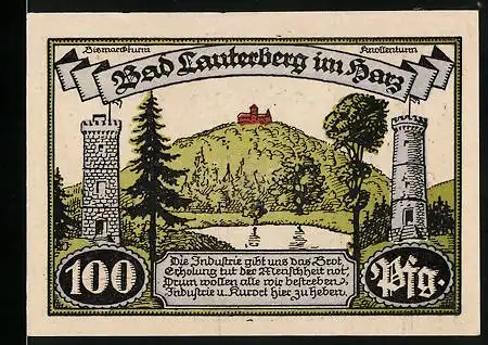 Notgeld Bad Lauterberg i. Harz 1921, 100 Pfennig, Bismarck- und Knollenturm