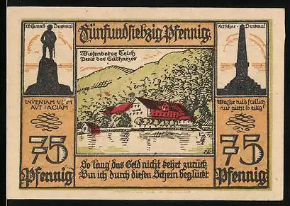 Notgeld Bad Lauterberg i. Harz 1921, 75 Pfennig, Wissmann-Denkmal, Wiesenbeker Teich, Ritscher-Denkmal