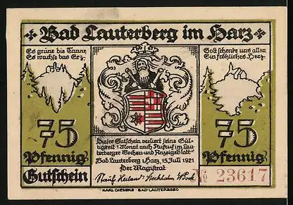 Notgeld Bad Lauterberg i. Harz 1921, 75 Pfennig, Wissmann-Denkmal, Wiesenbeker Teich, Ritscher-Denkmal