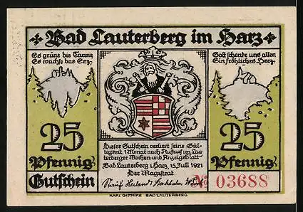 Notgeld Bad Lauterberg i. Harz 1921, 25 Pfennig, Ritscher- und Wissmann-Denkmäler, Lauterberger Brunnenquelle