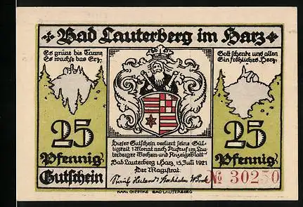 Notgeld Bad Lauterberg i. Harz 1921, 25 Pfennig, Die Lauterberger Brunnenquelle
