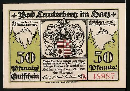 Notgeld Bad Lauterberg i. Harz 1921, 50 Pfennig, Ritscher- und Wissmann-Denkmäler, Kursaal