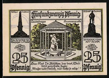 Notgeld Bad Lauterberg i. Harz 1921, 25 Pfennig, Ritscher- und Wissmann-Denkmäler, Brunnenquelle