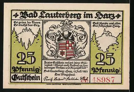 Notgeld Bad Lauterberg i. Harz 1921, 25 Pfennig, Ritscher- und Wissmann-Denkmäler, Brunnenquelle