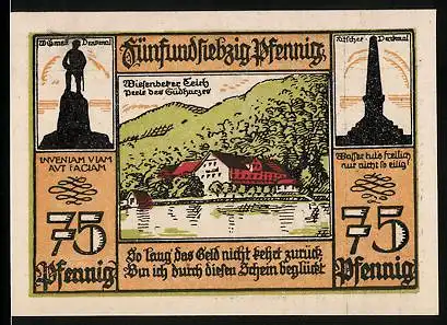 Notgeld Bad Lauterberg i. Harz 1921, 75 Pfennig, Wiesenbeker Teich, Wissmann- und Ritscher-Denkmäler