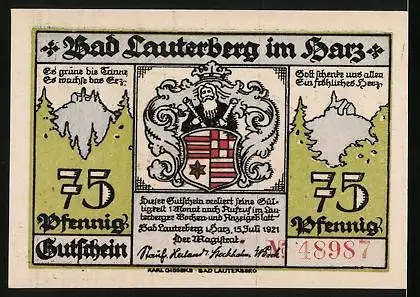 Notgeld Bad Lauterberg i. Harz 1921, 75 Pfennig, Wiesenbeker Teich, Wissmann- und Ritscher-Denkmäler