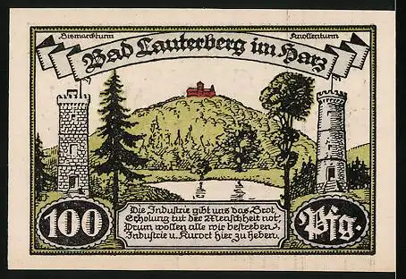 Notgeld Bad Lauterberg i. Harz 1921, 100 Pfennig, Der Bismarckturm und der Knollenturm