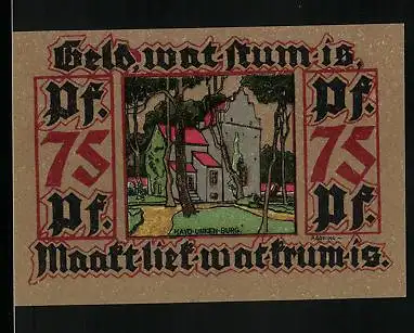 Notgeld Leer /Ostfriesland 1921, 75 Pfennig, Hayo-Unken-Burg, Frau in Tracht um 1500