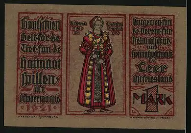 Notgeld Leer /Ostfriesland 1921, 1 Mark, Loga-Mühle, Frau in Tracht um 1500