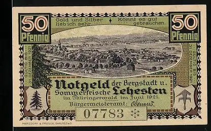 Notgeld Lehesten 1921, 50 Pfennig, Gesamtansicht und Bismarckturm