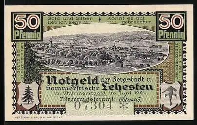 Notgeld Lehesten 1921, 50 Pfennig, Der Dreiwappenstein am Kiesslich