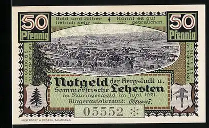 Notgeld Lehesten 1921, 50 Pfennig, Der Dreiwappenstein am Kiesslich, Gesamtansicht