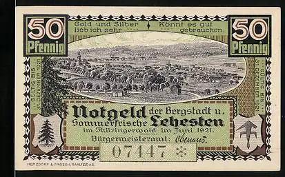 Notgeld Lehesten 1921, 50 Pfennig, Grenzstein zwischen Thüringen und Franken