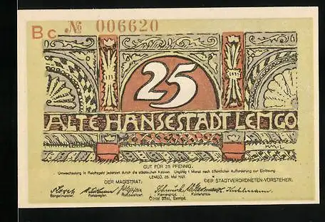 Notgeld Lemgo 1921, 25 Pfennig, Silhouette der Hansestadt