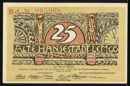 Notgeld Lemgo 1921, 25 Pfennig, Silhouette der Stadt