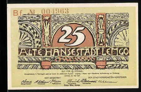 Notgeld Lemgo 1921, 25 Pfennig, Silhouette der Hansestadt