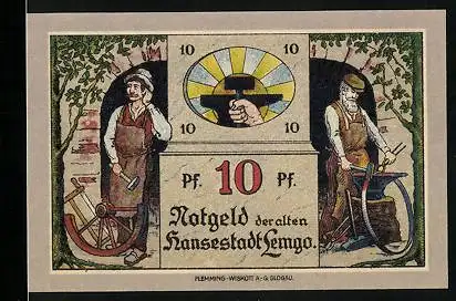 Notgeld Lemgo 1921, 10 Pfennig, Schmied und Radmacher