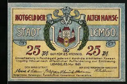 Notgeld Lemgo 1921, 25 Pfennig, Rathaus der Hansestadt