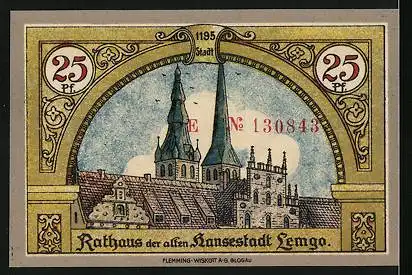 Notgeld Lemgo 1921, 25 Pfennig, Rathaus der Hansestadt