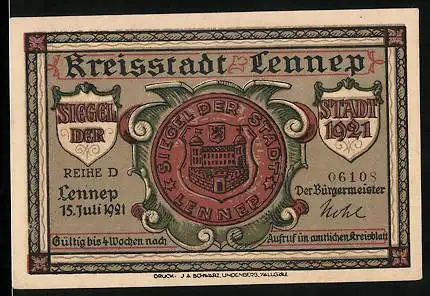 Notgeld Lennep 1921, 75 Pfennig, Gesamtansicht der Stadt