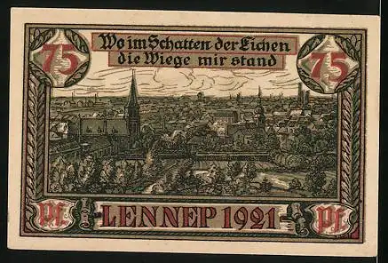 Notgeld Lennep 1921, 75 Pfennig, Gesamtansicht der Stadt