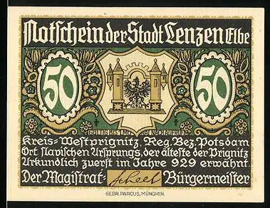 Notgeld Lenzen /Elbe, 50 Pfennig, Die Talmühle