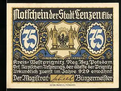 Notgeld Lenzen /Elbe, 75 Pfennig, Das Schloss Eldenburg