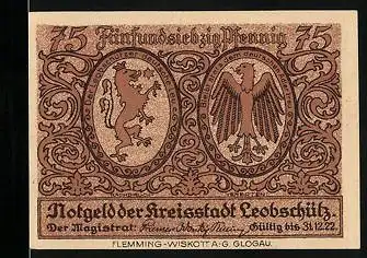Notgeld Leobschütz 1922, 75 Pfennig, Anwohner in alter Tracht