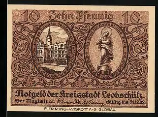 Notgeld Leobschütz 1922, 10 Pfennig, Silhouette der Stadt